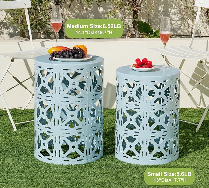 HFHOME Set of 3 Metal Outdoor Side Table, Nesting Round Coffee Table for Indoor Outdoor, Heavy Duty End Tables Plant Stand Living Room Garden Stool - Blue