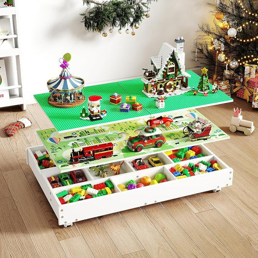 GITAWUSA 3-in-1 Construction Play Table with Storage Compatible with Lego, Rolling Kids Activity Table, Double Sided Desktop, Train Table for Toddlers 3-8, Convenient Storage Under the Bed and Sofa