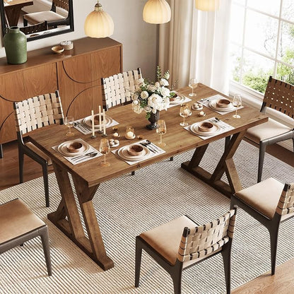 Solid Wood Dining Table for 4-6 People, 63 Inches Wooden Farmhouse Rectangular Kitchen Dinner Table with Heavy-Duty Legs for Home, Living Room, Dining Room, Rustic Brown