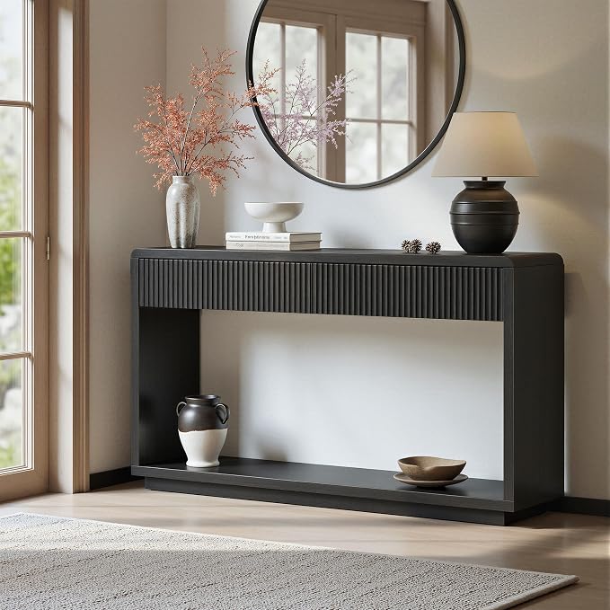 Evermagin 59'' Charcoal Black Entryway Table with Drawers, Fluted Console Table, Mid Century Modern Sofa Table with Storage for Living Room, Entrance, Hallway