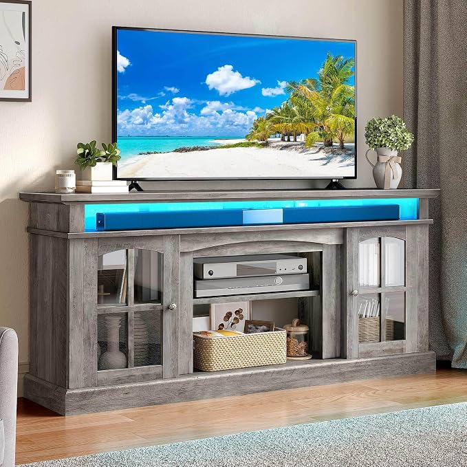 YITAHOME LED Farmhouse TV Stand for 75 Inch w/Outlets, Modern Entertainment Center with Glass Doors and Adjustable Storage Shelves, Media Console TV Cabinet for for Living Room, Grey