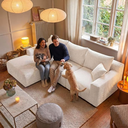 Homkdom 98" Boneless Modular Sectional Sofa, Cloud Couch with 27" Deep Seat & Oversized Chaise, L-Shaped High-Density Foam Sofa for Living Room Apartment, No Assembly Required (White, Left Facing)