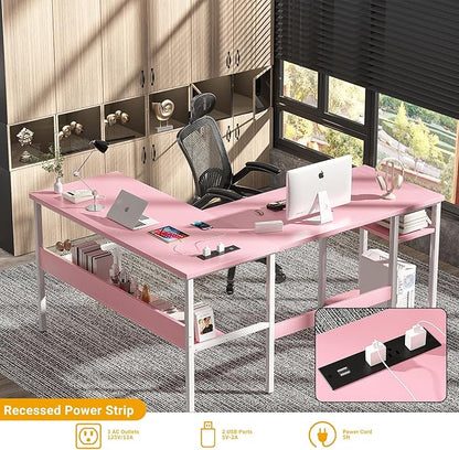 Unikito Reversible L Shaped Desk with Magic Power Outlets and USB Charging Ports, Sturdy Corner Computer Desk with Storage Shelves, Gaming Table Home Office Desk, Easy to Assemble, Pink