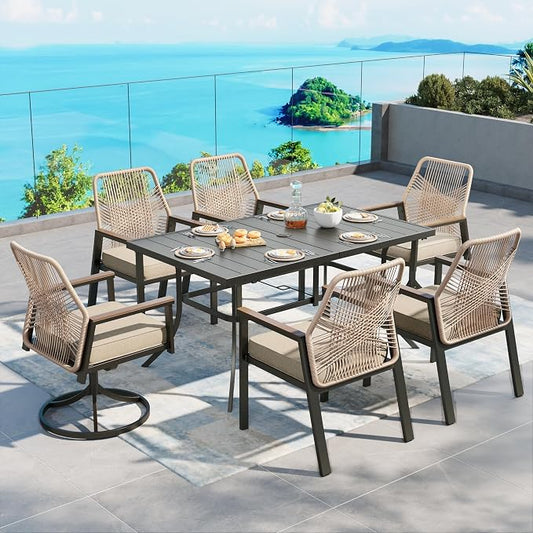 Patio Dining Set 7 Piece, 4 Woven Rattan Fixed Chairs and 2 Swivel Chairs with Waterproof Cushion, 59" Rectangular Metal Table with Umbrella Hole, Outdoor Table Set for Backyard Lawn Deck, Beige