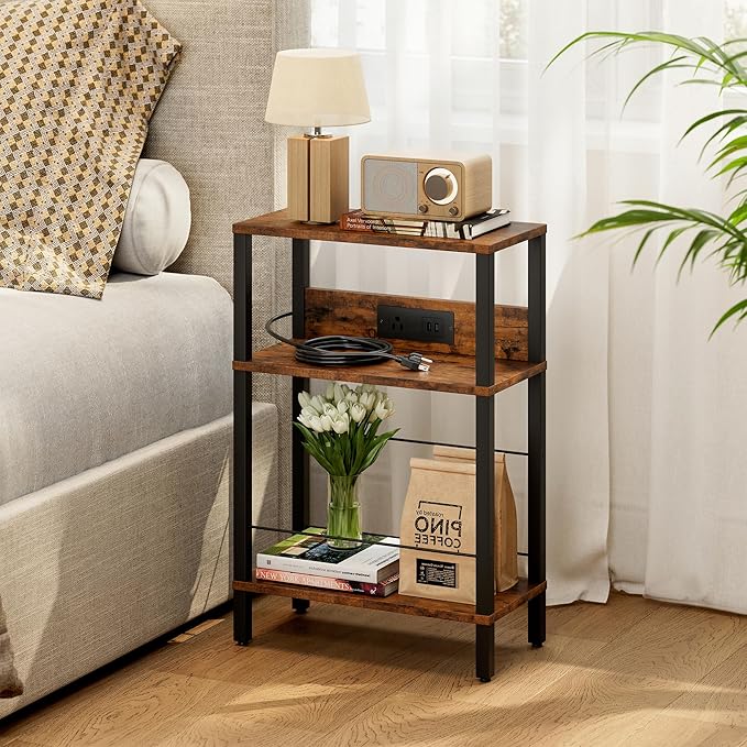 DGSANDGO Narrow Side Table (Rustic Brown) - Nightstand with Charging Station (2 USB + 1 AC Outlet), 3-Tier End Table for Balcony/Kid's Room/Bedroom