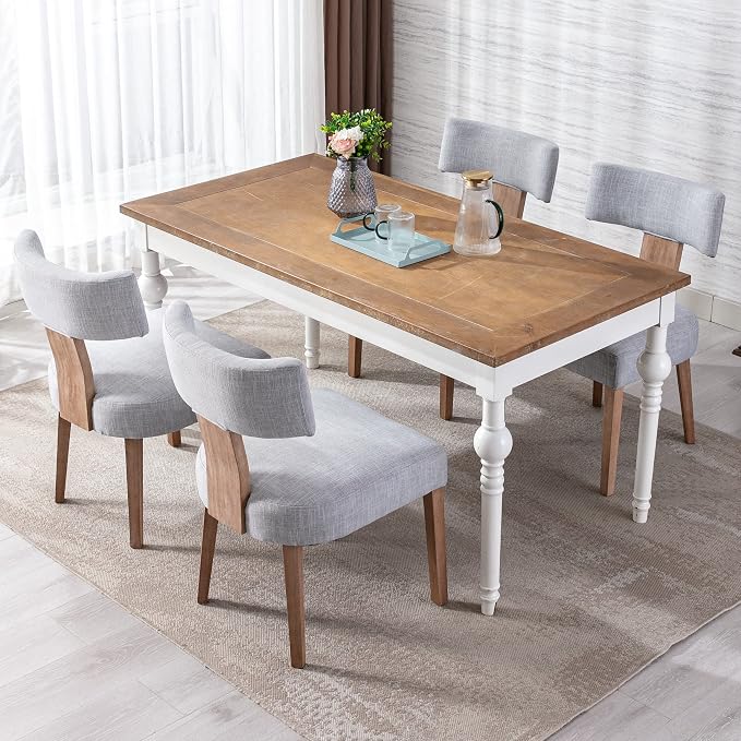 RIVOVA Mid Century Modern Dining Chairs Set of 4, Farmhouse Linen Fabric Upholstered Dining Room Chairs Kitchen Chairs with Curved Backrest Wood Legs, Grey