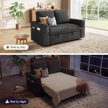 Sleeper Sofa with Pull Out Bed, Plush Corduroy Convertible Sofa Bed with Adjustable Backrest and Cup Holders, Loveseat Sleeper Couches for Living Room, Apartment, Dark Grey
