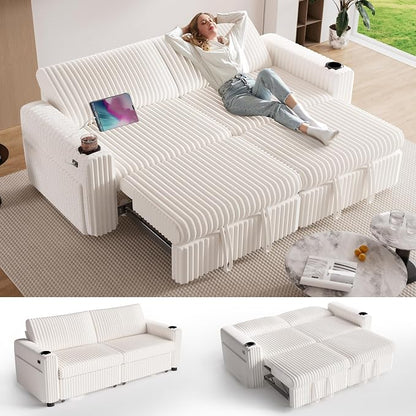 Sunny Heart 91" Plush Corduroy L Shaped Sectional Sleeper Sofa Bed with Pull Out Bed, Reclining Backrest, Reversible Storage Chaise, USB Ports, Cup Holders, Tool Free Assembly, Beige