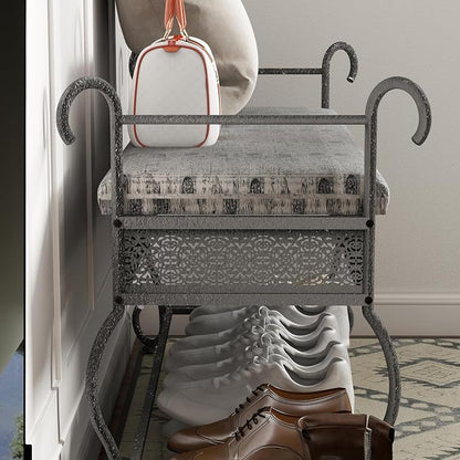 Bluecat 46" Entryway Shoe Bench,Vintage Wrought Iron Shoe Rack Bench with Padded Cushion, Heavy Duty Metal Shoe for Hallway, Foyer, Farmhouse Industrial Decor, Easy Assembly