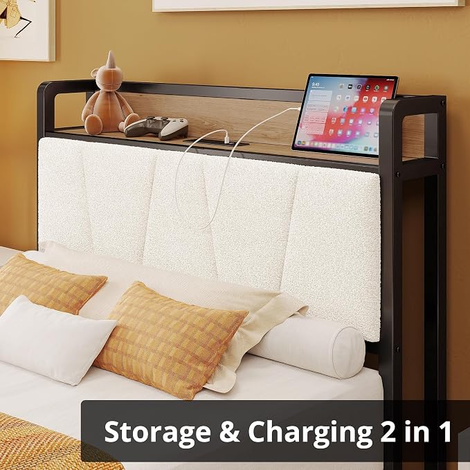 LIKIMIO Twin XL Bed Frames, Storage Headboard with Charging Station, Solid and Stable, Noise Free, No Box Spring Needed, Easy Assembly, Wood and Cream