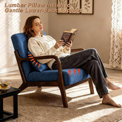 Set of 2 Mid Century Modern Accent Chair with Wooden Frame & Linen Upholstery, Comfortable Mid Century Lounge Chair with Pillow, Wooden Accent Chair for Living Room, Bedroom or Reading Corner