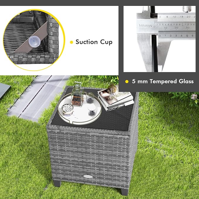 COSTWAY 3-Piece Patio Furniture Set, Outdoor Wicker Rattan Sofa with Cushions, Coffee Table with Tempered Glass, Conversation Sofa Set for Poolside Backyard Balcony (Grey)