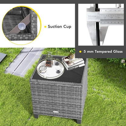 COSTWAY 3-Piece Patio Furniture Set, Outdoor Wicker Rattan Sofa with Cushions, Coffee Table with Tempered Glass, Conversation Sofa Set for Poolside Backyard Balcony (Grey)