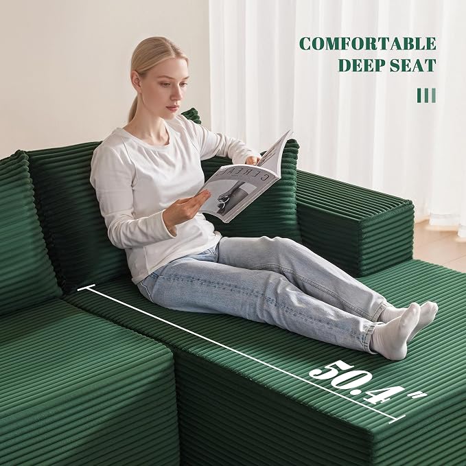 Mangodan 140” Cloud Sectional Couch, Boneless Sofa for Living Room, Modular Sectional Sofa with Deep Seat, Comfy Fluffy U-Shaped Couch with Right-Facing Chaise, No Assembly Required, Green
