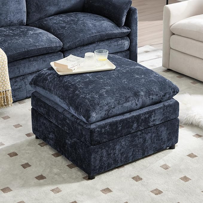 Iroomy 25" Chenille Ottoman, 9.5" Thick Cushion, Upholstered Footrest Modern Footstool & Bench for Living Room, Bedroom, Blue