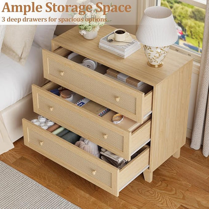 Rattan 3 Drawer Dresser for Bedroom, Small Boho Dresser with Wood Handles, Wood Nightstand, 29.52" Wide Modern Dresser, Chests of Drawers for Living Room, Entryway, Hallway, Natural Oak