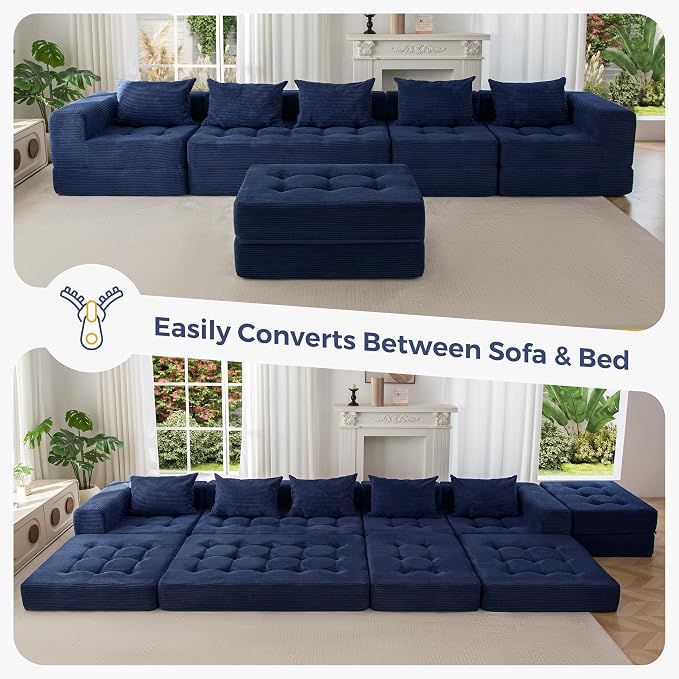 MAXYOYO Modular Sectional Sofa Couch, Foldable U Shaped Cloud Couch with Pillows, Tufted 6-Seat Boneless Lounger Floor Sofa Bed for Living Room, No Assembly Required, Navy
