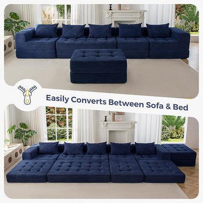 MAXYOYO Modular Sectional Sofa Couch, Foldable U Shaped Cloud Couch with Pillows, Tufted 6-Seat Boneless Lounger Floor Sofa Bed for Living Room, No Assembly Required, Navy