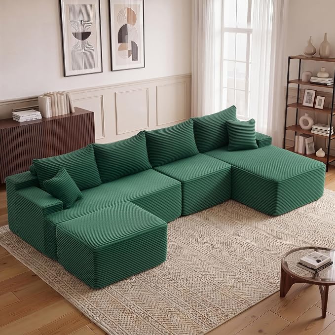 Mangodan 118'' Cloud Sectional Couch, U Shaped Boneless Couches for Living Room, Modular Sectional Sofa with Deep Seat Right Facing Chaise, Comfy Cloud Couch Sofa, Green