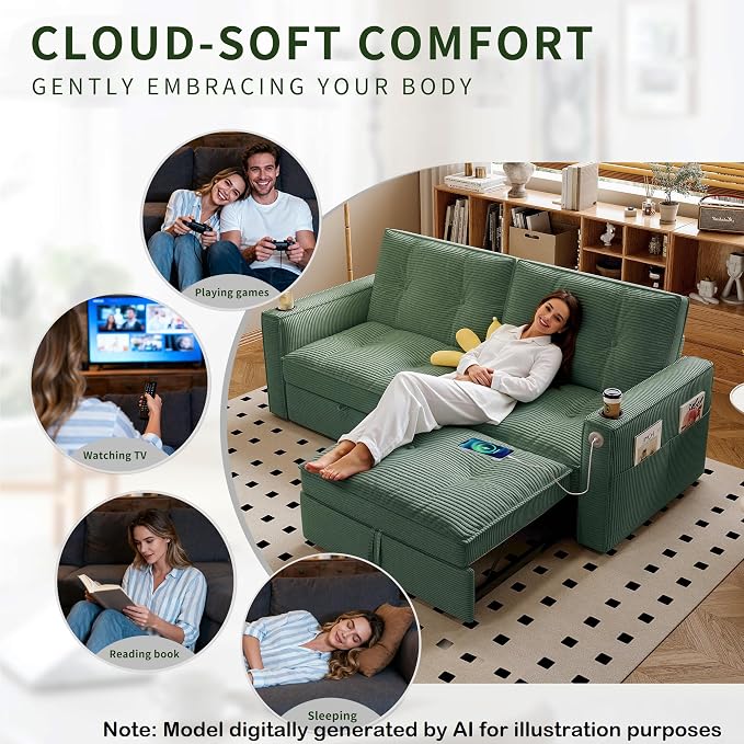 73.2'' Futon Sofa Bed Full Size, Pre-Assembled Pull Out Couch, Adjustable Backrest, Corduroy Convertible Sleeper Sofa, 2 Cup Holders, Pockets, USB, Loveseat for Living Room, Apartment, Green | Soft Material