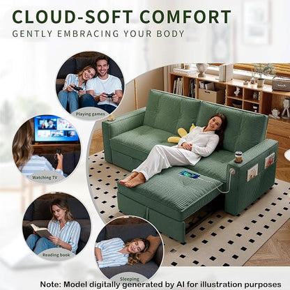 73.2'' Futon Sofa Bed Full Size, Pre-Assembled Pull Out Couch, Adjustable Backrest, Corduroy Convertible Sleeper Sofa, 2 Cup Holders, Pockets, USB, Loveseat for Living Room, Apartment, Green | Soft Material