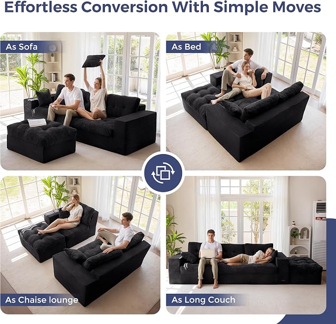MAXYOYO 104" L Shaped Modular Sectional Sofa with Ottoman, Cloud Boneless Couch with Layered Cushion, Upholstered Sofa Flexible Module Combination for Living Room, No Assembly, Black