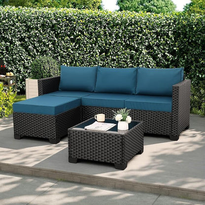 Rattaner Outdoor Furniture Set 3 Pieces Wicker Patio Furniture Outdoor Sectional Patio Couch Outdoor Coffee Table All-Weather Non-Slip Cushions Waterproof Covers, Peacock Blue