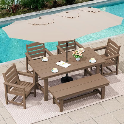 SERWALL 8-Piece Outdoor Dining Sets with 15FT Double Side Outdoor Umbrella, Outdoor HDPE Dining Furniture Set with Umbrella Hole Cut-Out Table and 6 Chairs, Brown（Umbrella Base not Included）