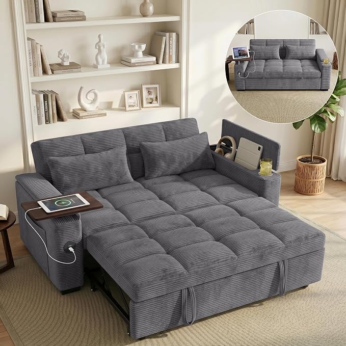65'' Sleeper Sofa Bed, Pull Out Couch with 360° Swivel Side Table | USB Port | Cup Holder | Adjustable Backrest, Loveseat Corduroy Fabric for Living Room, Apartment, Office (Darkgray)