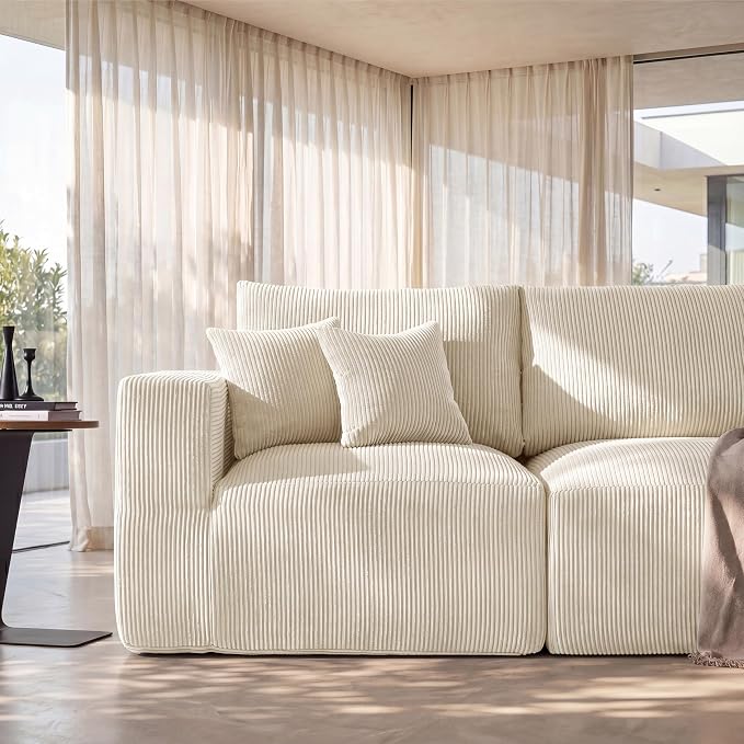 Modular Sectional Sofa with Ottoman, L-Shaped Cloud Couch, 79" Memory Foam Boneless Loveseat with Chaise, No Assembly Required Corduroy Frameless Sofa for Small Living Room Apartment Home Decor, Beige