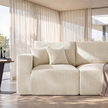 Modular Sectional Sofa with Ottoman, L-Shaped Cloud Couch, 79" Memory Foam Boneless Loveseat with Chaise, No Assembly Required Corduroy Frameless Sofa for Small Living Room Apartment Home Decor, Beige