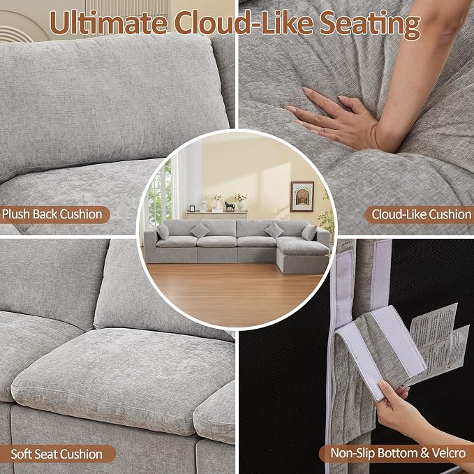 146''Cloud Boneless Sectional Couch, Modular Sectional Sofa Deep Seat with Ottoman, Oversized Upholstered Convertible Comfy 5 Seater Chenille Sofa L Shape Couches for Living Room, Light Grey