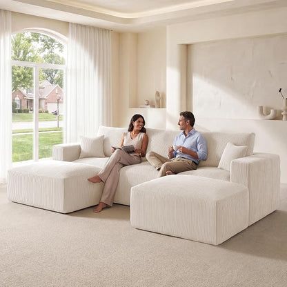 Living&Giving 115" Modular Cloud Boneless Couch, U Shaped Sectional Sofa with Chaise, Corduroy Floor Couch for Living Room, High-Density Foam & Firm Lumbar Support for Apartment, Beige