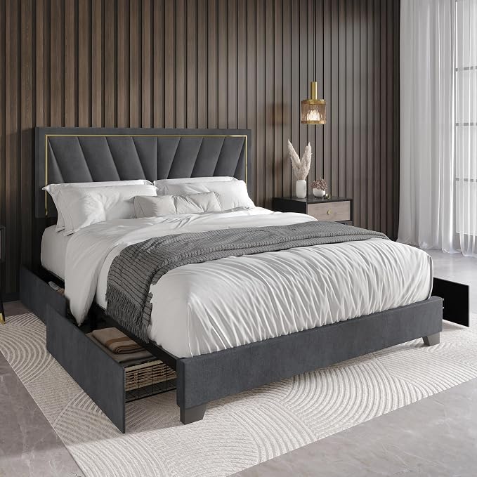 HOME DESIGN Valdez Full Size Upholstered Storage Platform Bed Frame, Velvet Fabric, Channel Tufted Headboard, 4 Drawers, No Box Spring Needed, Dark Gray