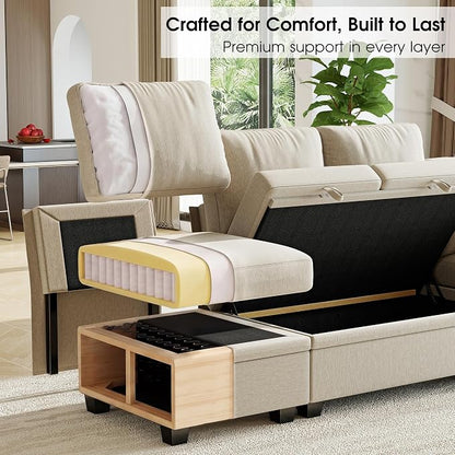 107.8" Modular Sectional Sleeper Sofa with Pull Out Bed, U Shaped 7 Seat Couch with 221L Storage, Convertible Cloud Couch Bed with Ottoman, Sectional Couches for Living Room, Apartment (Sand)