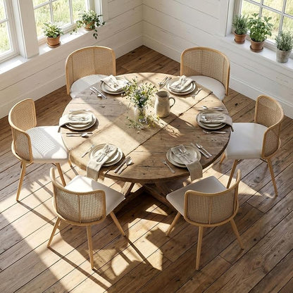 TYBOATLE Farmhouse Rattan Dining Chairs Set of 6 (Cream White) | Boho, Natural Cane Woven Back, Faux Leather Seat, Metal Legs, Upholstered, Kitchen, Dining Room