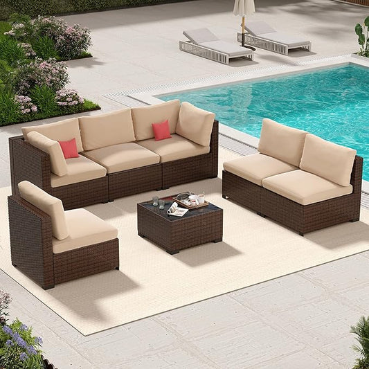 LHBcraft 7 Piece Patio Outdoor Furniture Set, Outdoor Sectional Furniture, Outside Patio Sofa Sectional All-Weather Manual Weaving PE Rattan Wicker, Beige Cushion and Glass Table