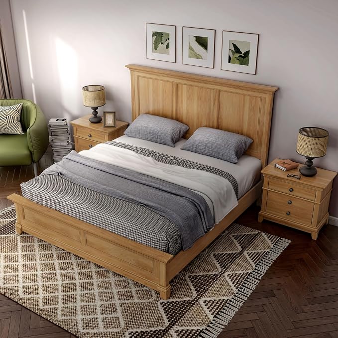 Furniture of America Yardley Farmhouse Solid Wood 3-Piece Bedroom Collection with Panel Bed and Nightstands Set of 2, Box Spring Required for Bedroom, Guess Room, Queen, Natural Oak