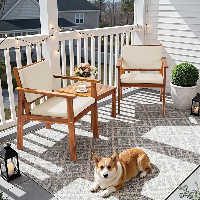 Flamaker Patio Chairs 3 Piece Acacia Wood Patio Furniture with Coffee Table & Cushions Outdoor Conversation Set Balcony Chairs for Porch, Deck, Backyard