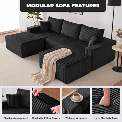 Weture 107" Modular Sectional Sofa, L-Shaped Boneless Couch with Deep Seat, Cozy Cloud Couch Sectional with Convertible Ottoman, Modern Sectional Couches for Living Room（ Black）