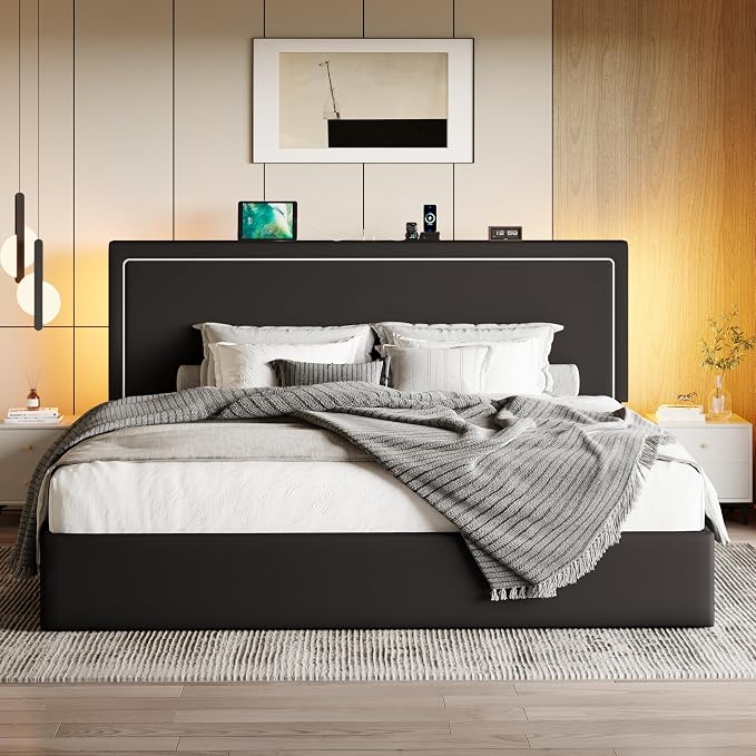 SHA CERLIN King Size Hydraulic Lift-Up Storage Platform Bed Frame with Charging Station, RGB LED Lights, Adjustable Velvet Headboard, USB-A and USB-C Ports, No Box Spring Needed, Black