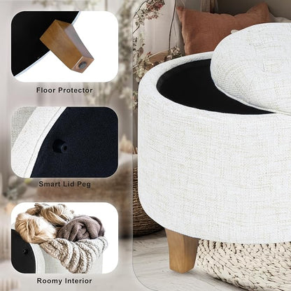 HomePop 19" Button Tufted Round Storage Ottoman - Cream Textured Solid