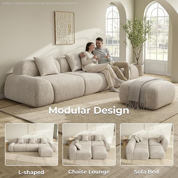 LIKIMIO LumiPebble Modular Sectional Sofa with Ottoman, 110" L-Shaped Boneless Couch for Living Room, Deep Seat with LuxeChenille Upholstery, No Assembly Required, Oatmeal