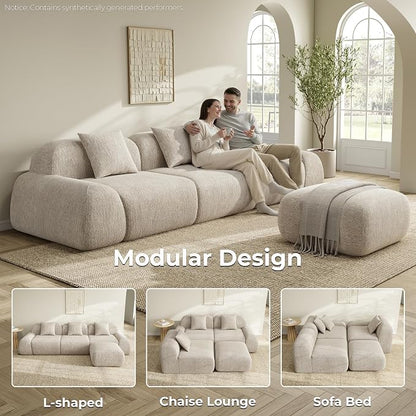 LIKIMIO LumiPebble Modular Sectional Sofa with Ottoman, 110" L-Shaped Boneless Couch for Living Room, Deep Seat with LuxeChenille Upholstery, No Assembly Required, Oatmeal