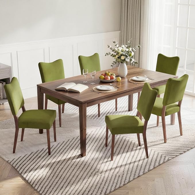 KISLOT Upholstered Dining Chairs Set of 6, Modern Velvet Kitchen Chairs with Solid Wood Legs, High Back Wooden Dining Room Chairs with Dark Walnut Color Legs for Farmhouse Kitchen Dining Room, Green