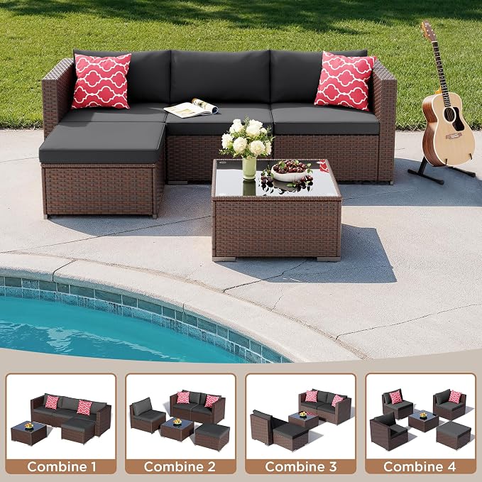 Aiho 5 Pieces Patio Furniture Sets, All-Weather PE Rattan Outdoor Patio Furniture with Cushions and Glass Table, for Garden, Backyard, Porch, Black