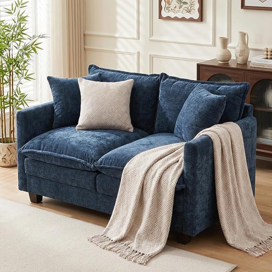 Loveseat Sofa Couch, Small Mini Compact 50" Love Seat 27" Deep Cloud Sofa Seat Washable Chenille Pillow for Apartment Bedroom Dorm Attic Studio Office Living Room Small Space 8833-BLUE