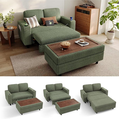 LINSY HOME Sectional Sleeper Sofa with Pull Out Couch Bed for Living Room (Green) | Plush Corduroy