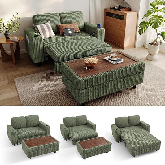LINSY HOME Sectional Sleeper Sofa with Pull Out Couch Bed for Living Room (Green) | Plush Corduroy