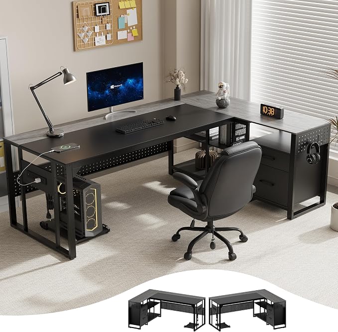 MALOL 70.3" L-Shaped Office Desk, Reversible L-Shaped Computer Desk with Power Outlet, Large Executive Desk with Locked File Drawers & Storage Shelves, Pegboard, Mobile CPU Stand, Modern Corner Desk